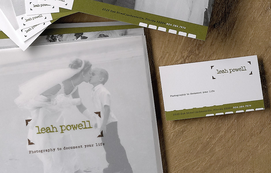 Leah Powell. Leah's unique journalistic style inspired us to create a logo and stationery that reflected her style. Our brochure design featured a translucent envelope to create a soft, sophisticated look. Her exceptional portfolio was prominently displayed on her companion website. Our advertising campaign generated a buzz in the market, and soon became the standard that other wedding photographers copied.