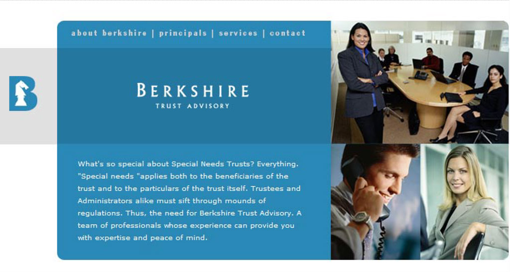 In 2005, Harrington Design Company was hired to develop a brand identity for the new law firm. The partners were starting from scratch and needed a new name. After a naming process, Berkshire Trust Advisory was chosen, and the client was delighted. Harrington Design Company went on to create a logo, corporate identity, brochure, and website to help the firm market its legal services.