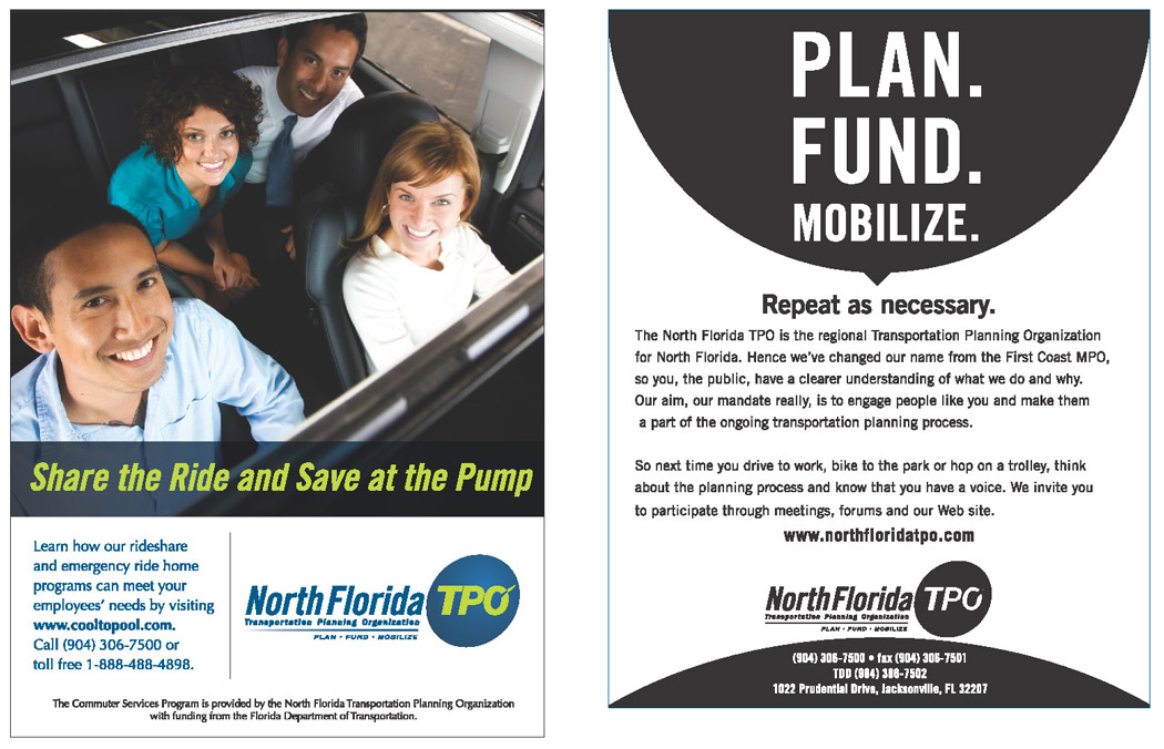 Logo, brochure, signage, stationery, and advertising campaign for the North Florida Transportation Planning Organization