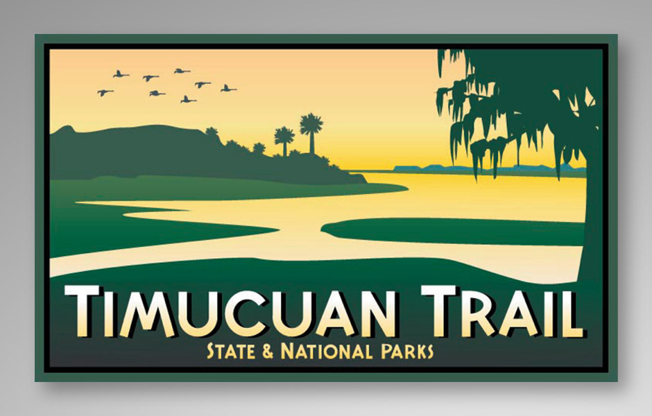 Quinn Harrington served as the Art Director for this project during their time at a previous agency. They collaborated with well-known California Illustrator Steve Forney to create the logo that now serves as the primary branding identity for the Timucuan Trail State and National Park System in Northeast Florida. The team worked alongside the National Park Service, Florida Department of Environmental Services, and City of Jacksonville Park officials to develop one of the largest park systems in the country.